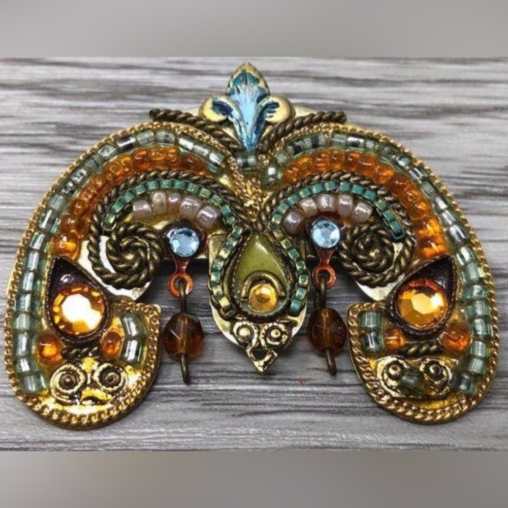 Signed Adaya Multicolor Beaded Brooch Pin Pendant